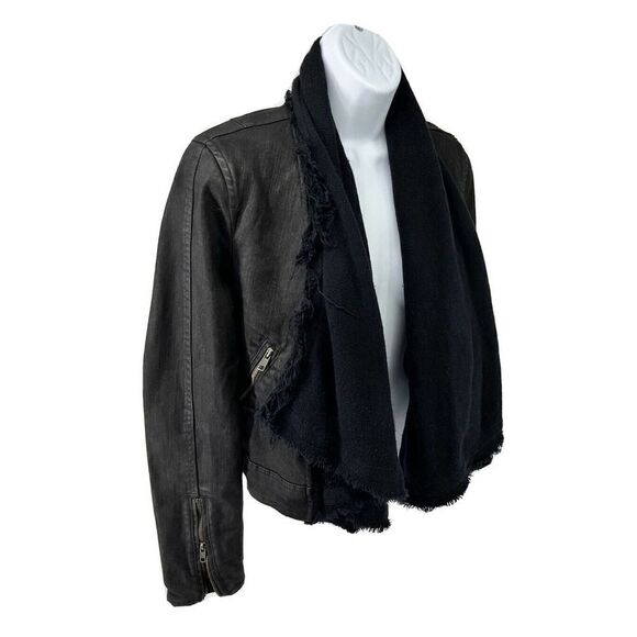 Free People Black Moto Jacket Coat Size 2 Front Drape Coated Denim Jean - Picture 4 of 15